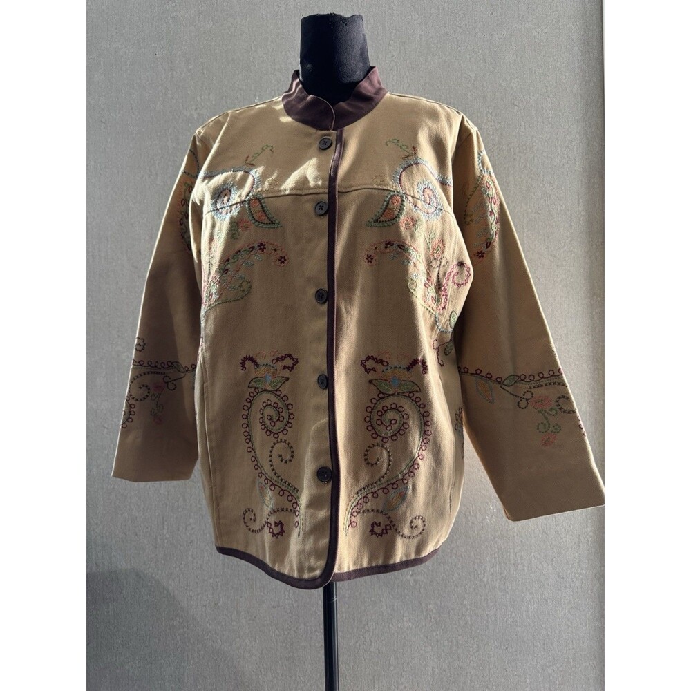 Embroidered Boho Jacket Womens Tan Paisley Floral Folk Art Western 48" Chest